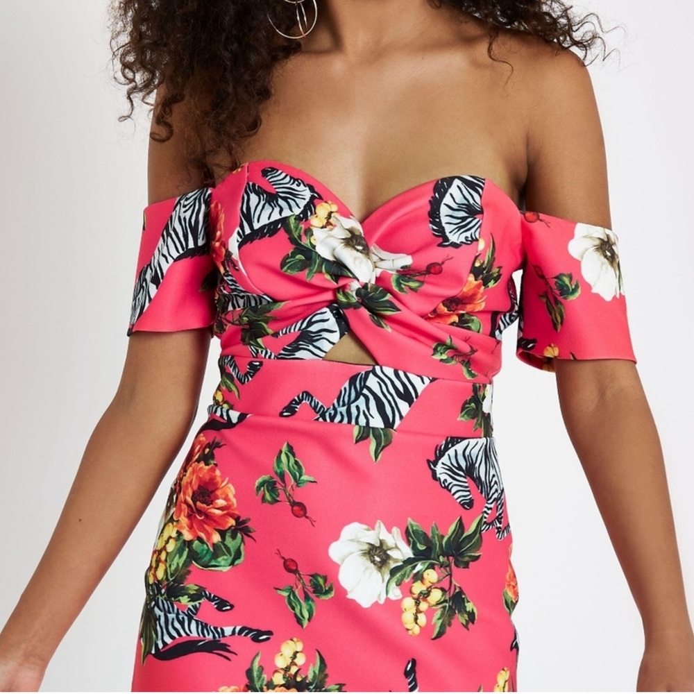 River Island Floral Zebra Dress Pink Off Shoulder Bodycon Maximalist Vacation 18